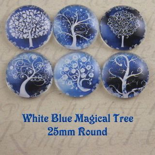 6pcs Glass White Blue Magical Tree Round Cameo Cabochon 25mm