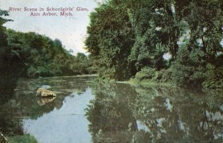 1918 River Scene in Schoolgirls Glen, Ann Arbor, MI postcard