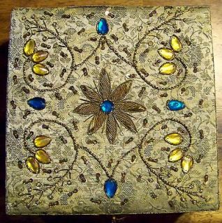 Vintage brocade covered wood jewelry box with beads and plastic jewels