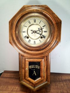 Antique Oak Regulator Clock Runs and Strikes