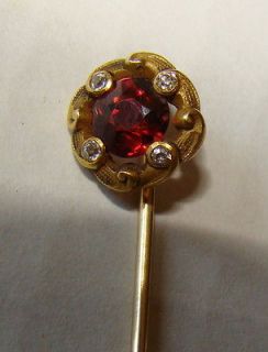 Vintage 14K Gold Stick Pin / Cravat Pin 1carat Garnet & 4 Diamond