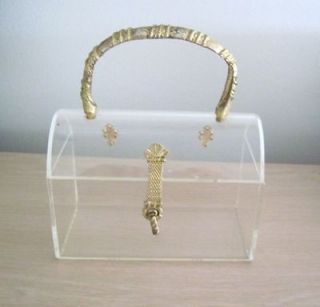 Vintage CLEAR LUCITE Rounded BOX PURSE/Handbag w Gold Tone & MESH