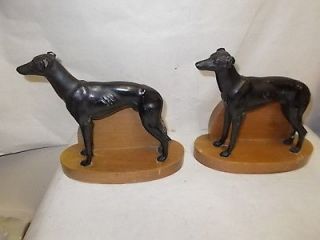 vintage Cast Metal Greyhound Bookends with Wood Base 8x7.5