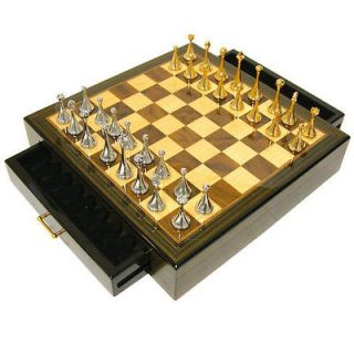 GLOSS EBONY INLAY WOOD WOODEN CHESS BOARD GAME SET METAL WITH DRAWER