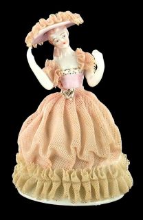 VINTAGE DRESDEN PORCELAIN DOLL LADY FIGURINE RUFFLED 18th C STYLE