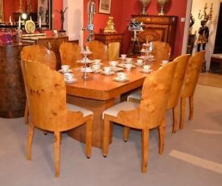 Antique Art Deco Birdseye Maple Dining Table & 8 Chairs