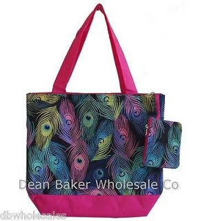 Multi Colored Peacock Feather Print Oversized Shopping Tote Bag Carry