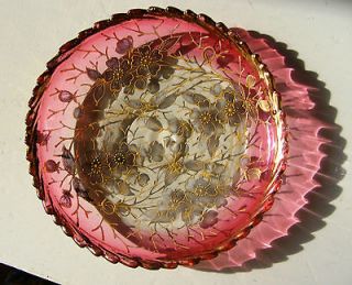 ONE antique Moser Rubina glass butter pat. Gilded tooled rim