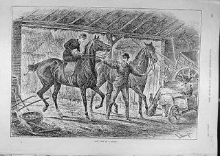 1891 Rain Riding Riders Shelter Barn Horses Chickens