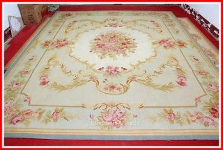 BLUE IVORY w PINK ROSE Aubusson Area Rug FREE SHIP Wool Woven SHABBY