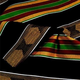 African Kente Cloth Cotton Fabric Wax Dyed, Black, Gold, Red, Green