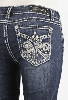 LA Idol Jeans Boot Cut w Stitching Fleur De lis Studed & Jeweled Sz 0