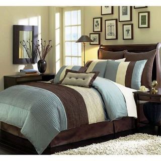 Beige Blue and Brown Luxury Stripe Queen Size 8 Piece Comforter Set
