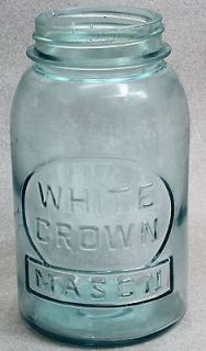 Vintage WHITE CROWN MASON BLUE GLASS QUART SIZE CANNING JAR