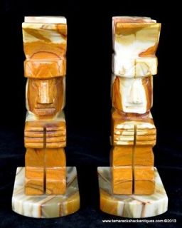 Pair of Carved Marble Aztec Mayan Man Figure Headdress Book Ends 8 5/8