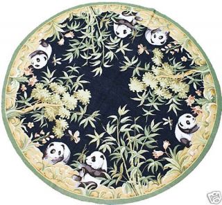 x6 Round Handmade Floral Bamboo Panda Wool Needlepoint Black Area