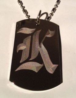 OLD English Font Initial Alphabet Letter K   Dog Tag w/ Metal Chain