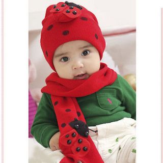 Baby Infant Hat Cap + Scarf Set Boys Girls Ladybug Warm Beanie Red