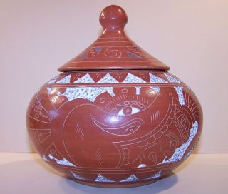 Lidded Sgraffito Pot with Inca Mayan Aztec Pottery Warrior Design