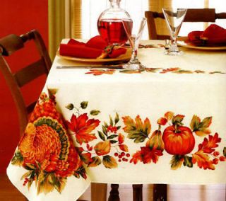 Turkey Harvest Gathering Leaves White Fall Fabric Tablecloth New