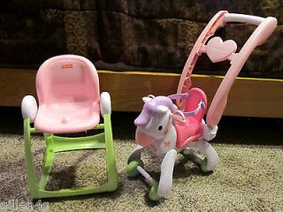 FISHER PRICE LITTLE MOMMY ROCKING HORSE/STROLLER & HIGH CHAIR *EUC