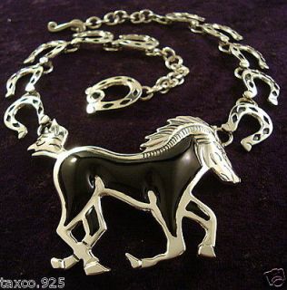 TAXCO MEXICAN STERLING SILVER ONYX HORSE HORSESHOE NECKLACE