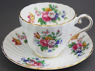 AYNSLEY Tea Cup & Saucer /White Rims + Flowers