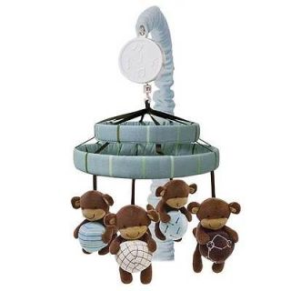 Striped Canopy w/ Brown Happy Monkey Musical Baby Boy Crib Mobile