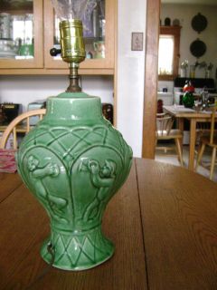Vintage Light Green Pottery Lamp with Frieze of Cherubs/Putti Playing