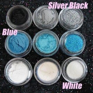 Silver Black+Blue+White Eyeshadow Pigment Glitter 9pc
