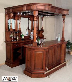 Solid Mahogany English Canopy Pub Liquor Wine Home Bar w/ Brass Rails
