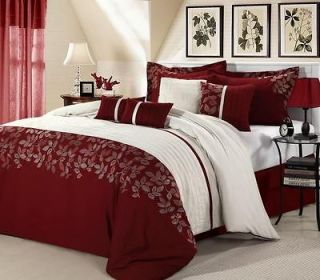 LUXURY BURGUNDY RED WHITE LEAF 8p Comforter Bedding Set AMAZING DETAIL
