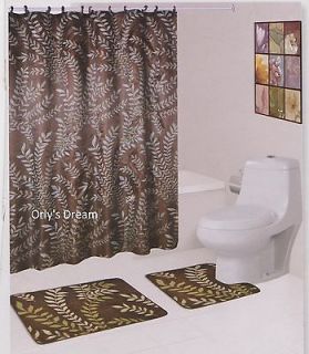 15 pc Printed Bath Mat Set/Fabric Shower Curtain/Fabric Covered Hooks