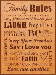 Family Rules Cherry Wood Engraved Wall Décor Art Sign Gift Laugh Pray