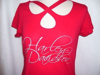 NWT   Large Harley Davidson Womans Red Script Crossover Cut Out Shirt