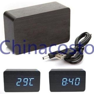 Classic Wooden USB Battery Powered Digital LED Alarm Clock Thermometer