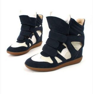 Womens High Top Velcro Strap Double Tongue Sneakers PU+Suede Wedge