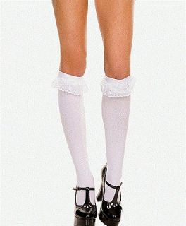 NEW WHITE KNEE HIGH SOCKS WITH WHITE RUFFLE LACE TRIM TOP