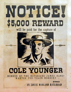 Cole Younger   Outlaw   Historic Western Wanted Reward Poster