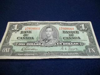 BANK OF CANADA ONE DOLLAR BILL   1937  GORDON TOWERS