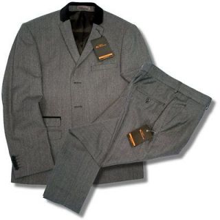 Ben Sherman Slim 3 Button Velvet Collar Mod Ted Suit Grey Herringbone