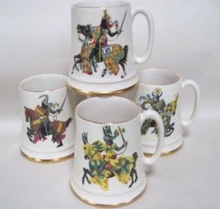 Four SylvaC Ware Medieval Knights Gold Trimmed Coffee Mugs