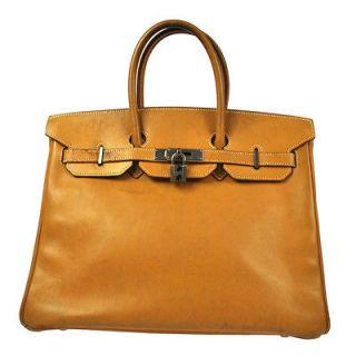 Authentic HERMES Birkin 35 Box Calf Leather Silver Brown Hand Bag
