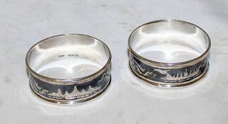 Thai Antique Napkin Rings Sterling Silver Niello Enamel Siam