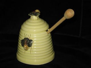 Yellow Vintage Pottery Ringed Kitchen Honey Pot China server Bees