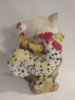 Polystone Resin hand painted Hen Rooster White Black Spot 3 1/2