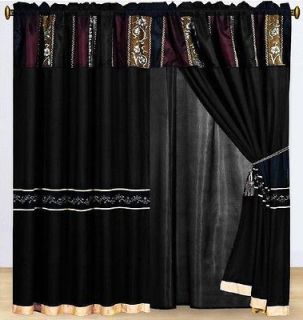 New Black Chanillel Curtain Valance Panels Liner Tie back Tassel Set