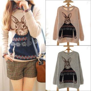 Women Cute Bunny Sweater Scoop Neck Pullover Jumper Mr. Rabbit Knit