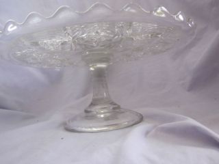 ANTIQUE CLEAR GLASS diamond CAKE PLATTER COMPOTE 11 EAPG ruffle