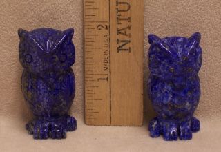 Pair 2 Owl Bird Figurines Hand Carved Lapis Luzuli Blue & White Stone